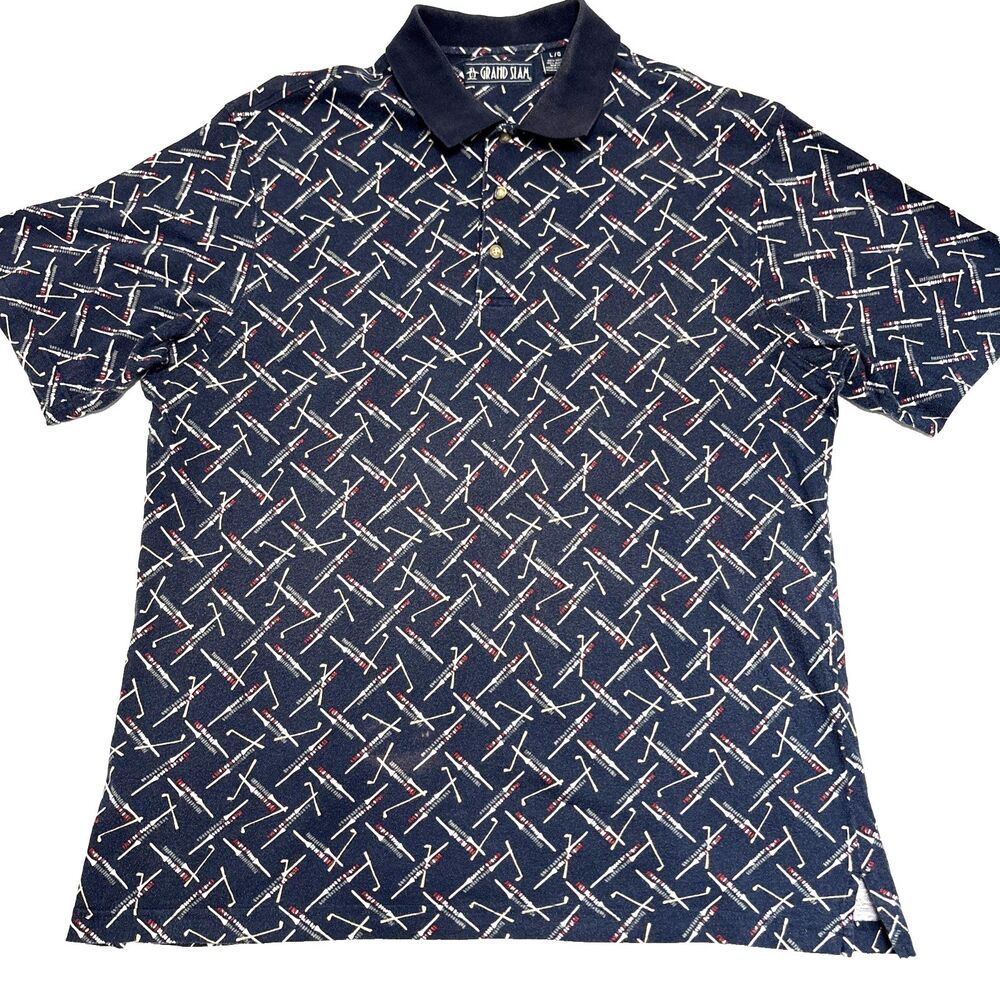 Vintage 90s Grand Slam Golf Polo Mens Large Navy Golf Club Print Cotton 3 Button